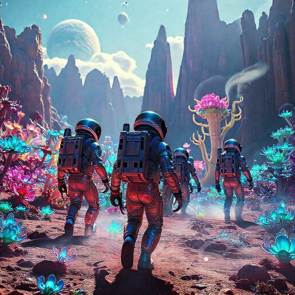 Explore the wonders of an alien landscape with these brave astronauts!