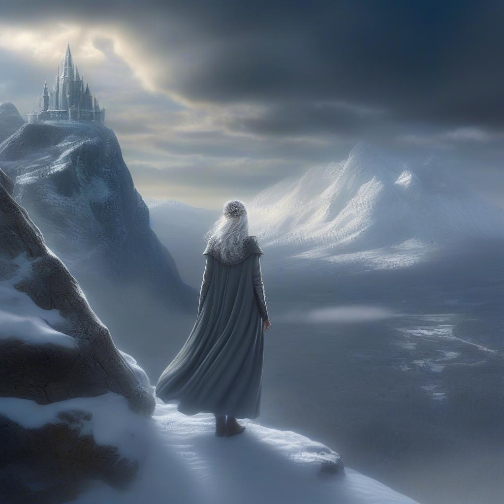 A majestic frozen landscape, reminiscent of the North Kingdom from a fantasy movie.