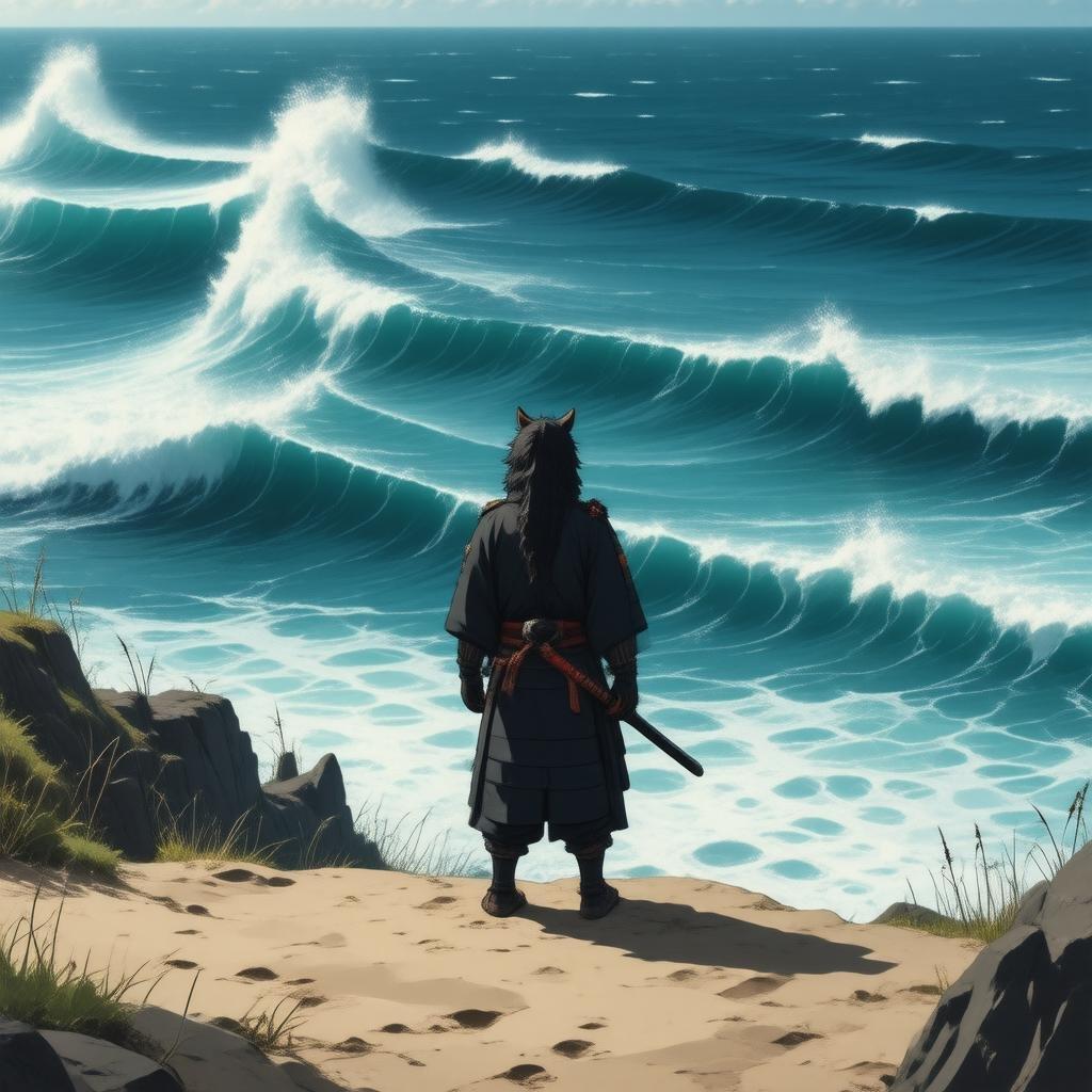 This anime-style wallpaper features a lone samurai standing on a cliff overlooking the ocean waves. The samurai is facing to the right, with its head turned slightly to the left, and its tail curled up to the right. The ocean waves are white and crashing against the shore, creating a dramatic scene. The samurai's fur is detailed with a mix of dark and light shades, with a few lighter patches on the sand. The horizon is visible in the background, where the sea meets the sky.