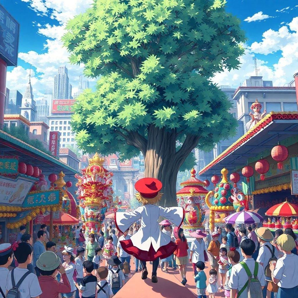 Get ready to immerse yourself in the vibrant world of anime with this stunning marketplace scene. Featuring elaborate floats, performers, and a bustling cityscape, this wallpaper is perfect for fans of the genre. The central figure, dressed in a red hat and white shirt, adds a pop of color and energy to the scene, while the large tree provides a touch of natural beauty amidst the chaos. Whether you're a seasoned anime enthusiast or just looking for a unique and eye-catching wallpaper, this image is sure to delight.