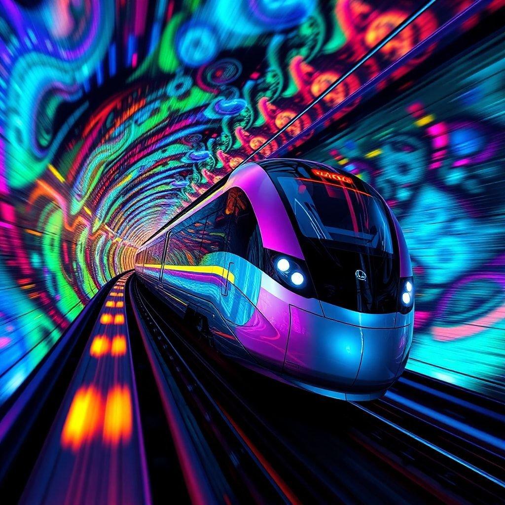 This stunning 3D art wallpaper features a futuristic train speeding through a tunnel with a mesmerizing psychedelic pattern on the walls. The train's sleek design and bright lights create a sense of energy and movement, making it a perfect addition to any desktop or mobile device.