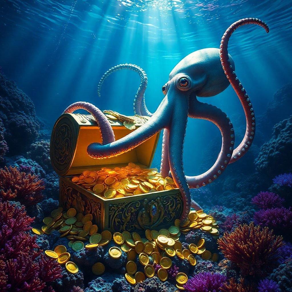 Sumérgete en las profundidades del océano y descubre un tesoro de monedas de oro, custodiado por un curioso pulpo. Este impresionante fondo de pantalla captura la belleza y el misterio del mundo submarino, perfecto para cualquiera que ame el mar.