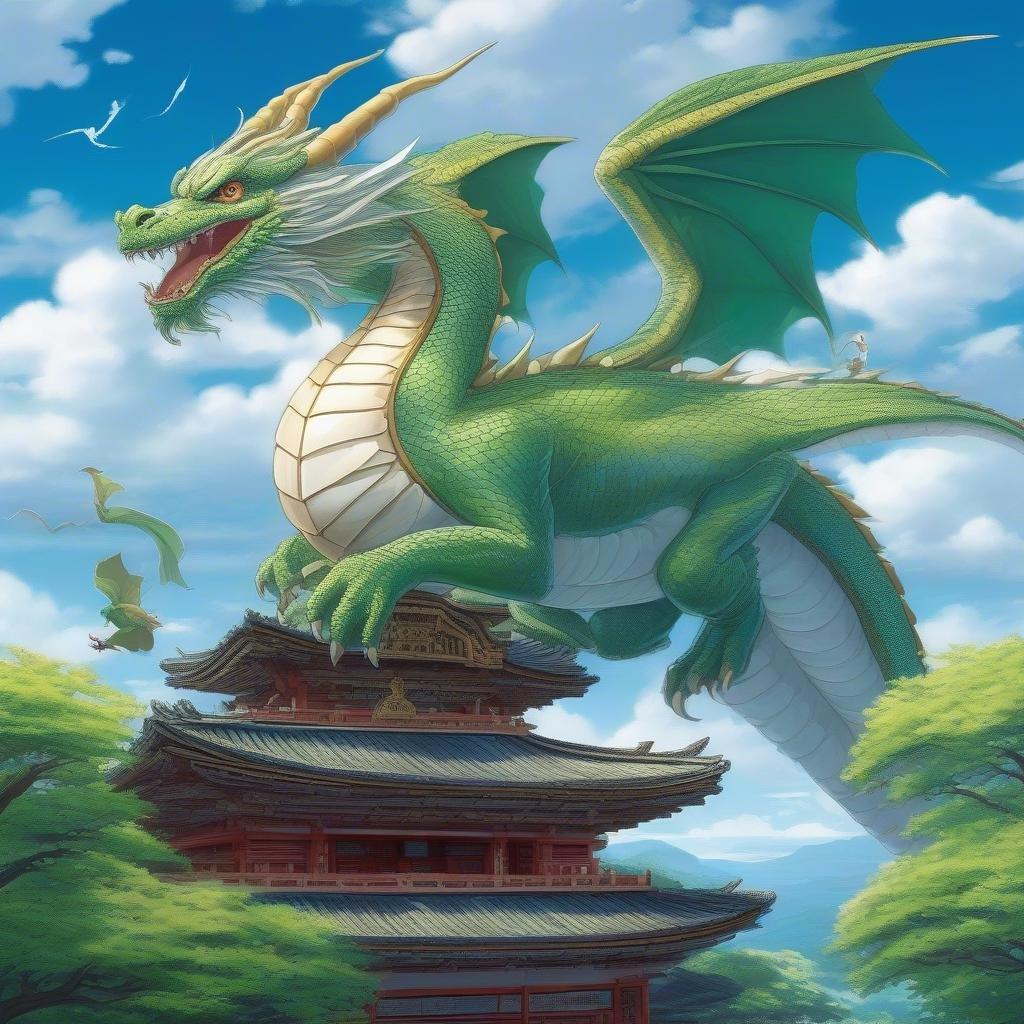 Un fond d'écran anime vibrant et détaillé mettant en scène un grand dragon perché sur le toit d'un temple, regardant une campagne luxuriante. Les grands yeux du dragon reflètent la tranquillité de la scène, tandis que ses dents acérées suggèrent un sens de vigilance. À gauche du dragon, un petit oiseau ajoute au charme de ce paysage serein.