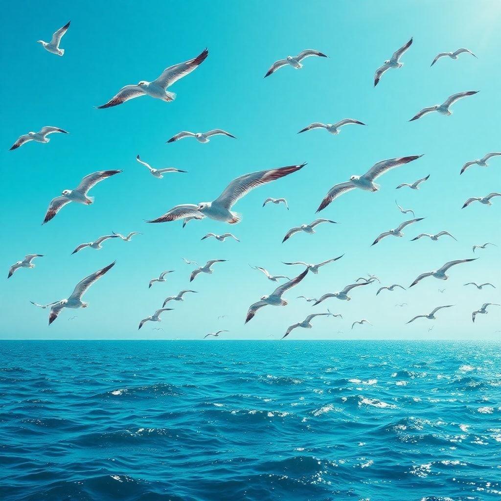 A flock of white birds soaring over a crystal blue ocean, under a clear sky.