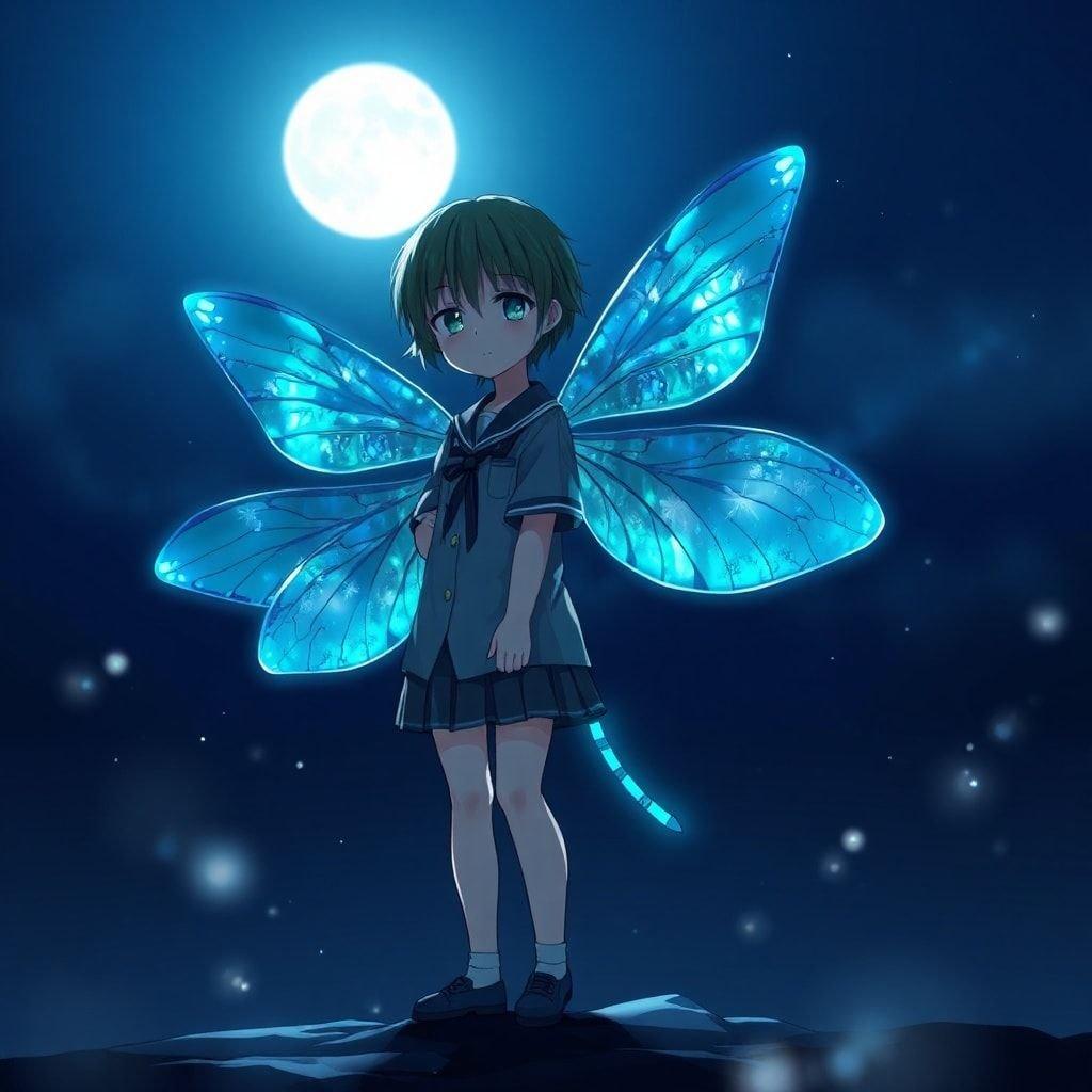 This captivating anime-style illustration features a shy high school student with iridescent wings, standing on a moonlit day, surrounded by a dark, starry sky. The mysterious figure is shrouded in mystery, with a body that transitions into a dragonfly, showcasing a kaleidoscope of blue and green hues.