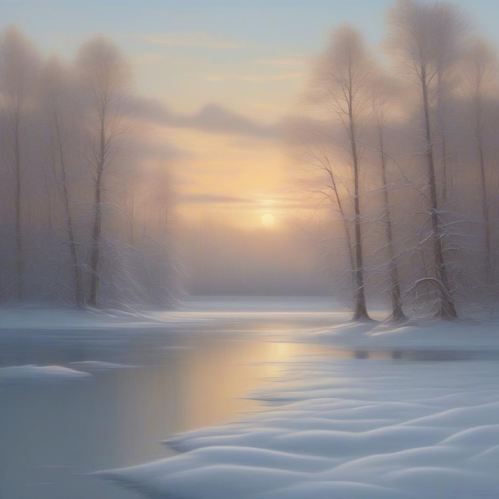 A tranquil landscape, where the sun greets the day amidst a winter wonderland.