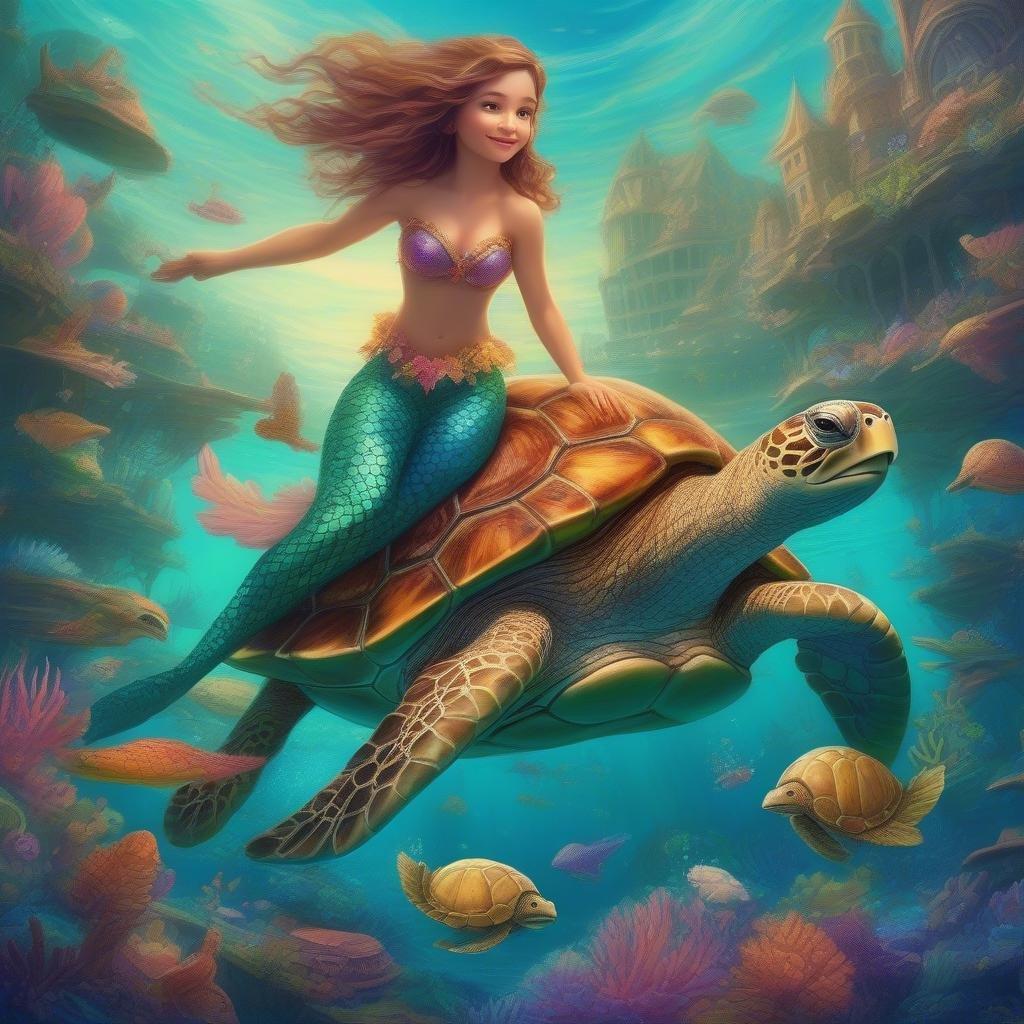 Exploring the ocean's depths with her trusty turtle friend.