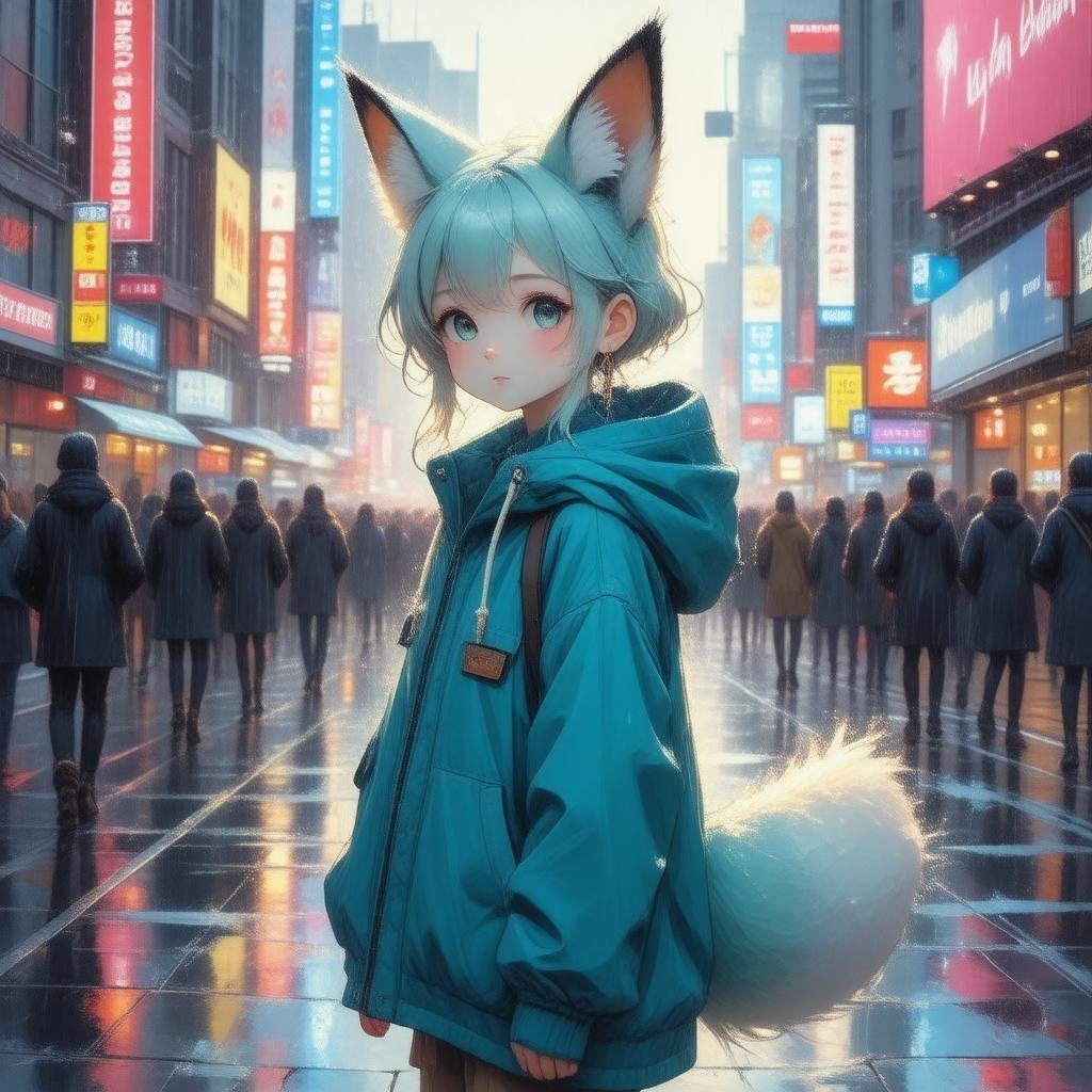 A captivating anime-style illustration of a young girl transformed into a humanoid fox, standing in a bustling city street. Her unique blue and green outfit stands out against the dark background, while neon lights add a touch of whimsy.