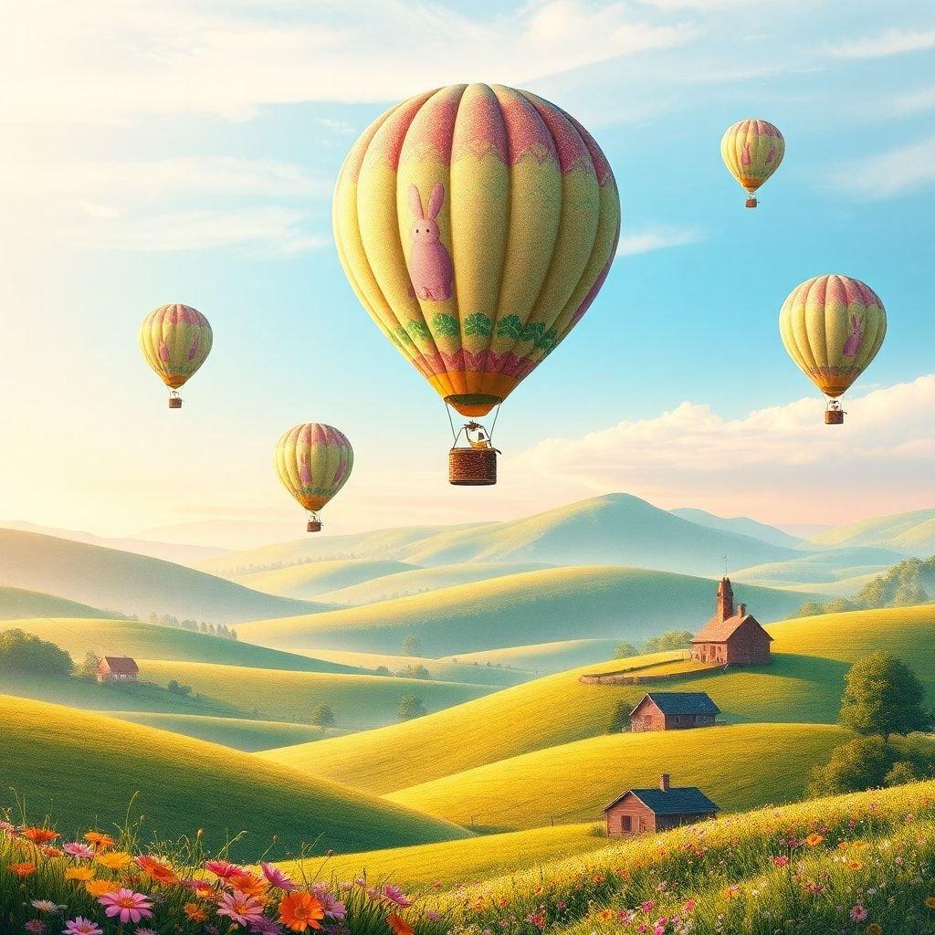 A whimsical scene of vibrant balloons floating over lush green fields, with a cozy village nestled below, creating an enchanting Easter atmosphere.