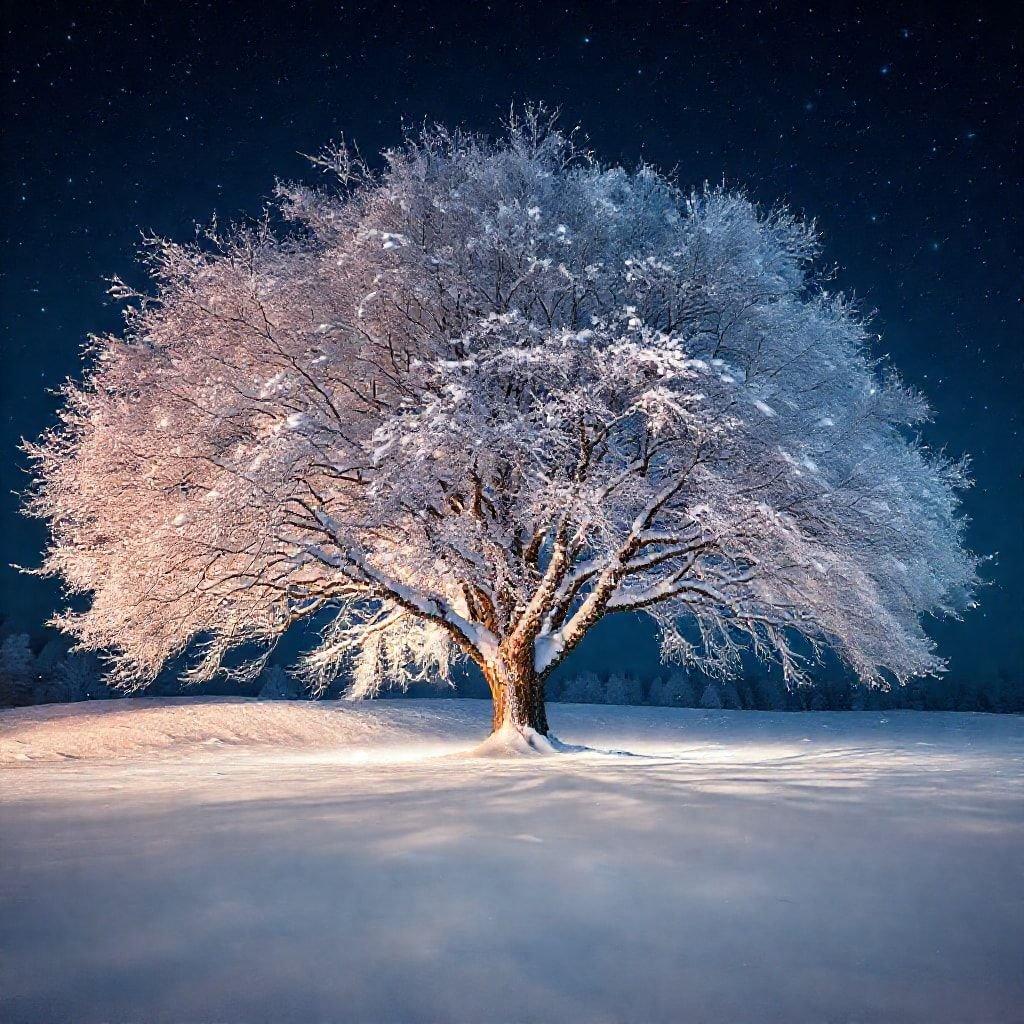 This winter scene features a majestic tree standing tall in a snowy field under the starry night sky. The snow-covered branches and ground create a serene and peaceful atmosphere, perfect for a winter wonderland wallpaper.