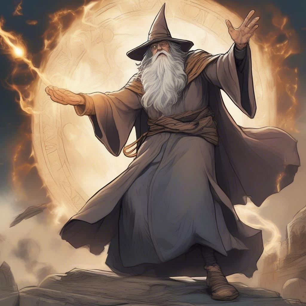 This image depicts a powerful wizard with a long white beard and a pointed hat, standing on a rocky outcropping with his arms outstretched. The background is a swirling vortex of orange and yellow flames, adding to the sense of power and magic.