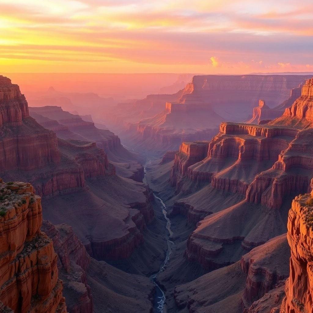 Njut av det varma skenet från denna fantastiska solnedgång när den lyser upp den majestätiska Grand Canyon, ett naturunder som har fängslat människans fantasi i århundraden.