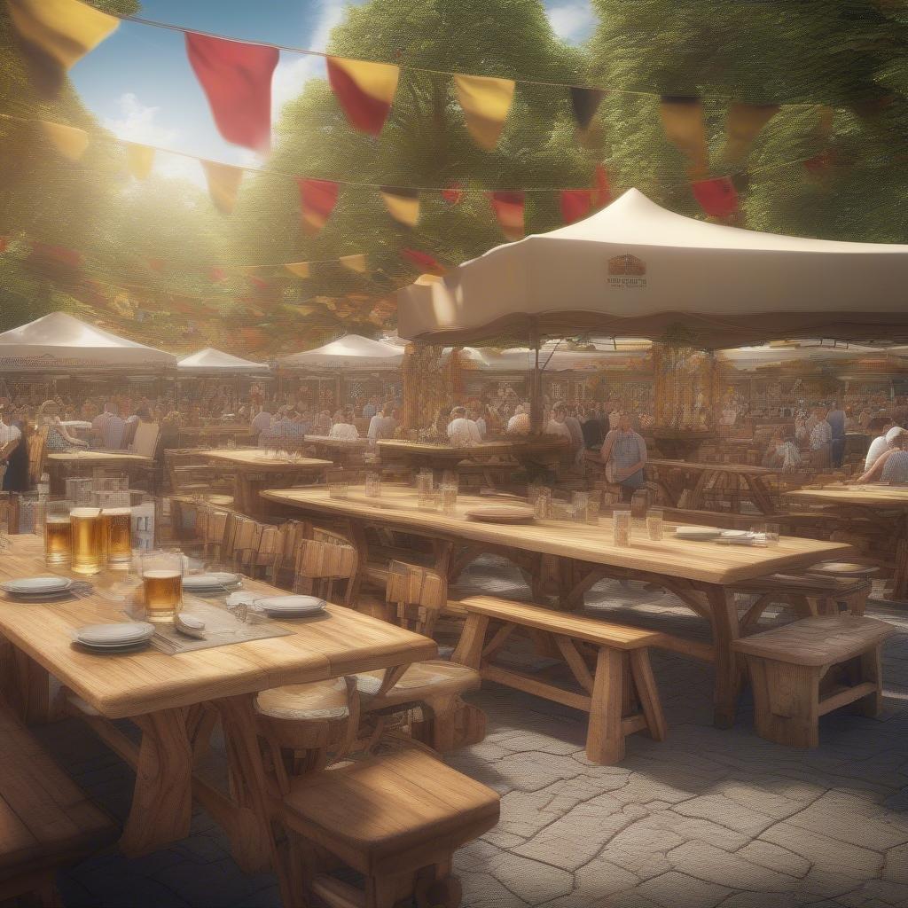 A bustling beer garden filled with people enjoying the vibrant atmosphere of an Oktoberfest celebration. Tables and benches are lined up, ready for guests to sit down and enjoy a pint.