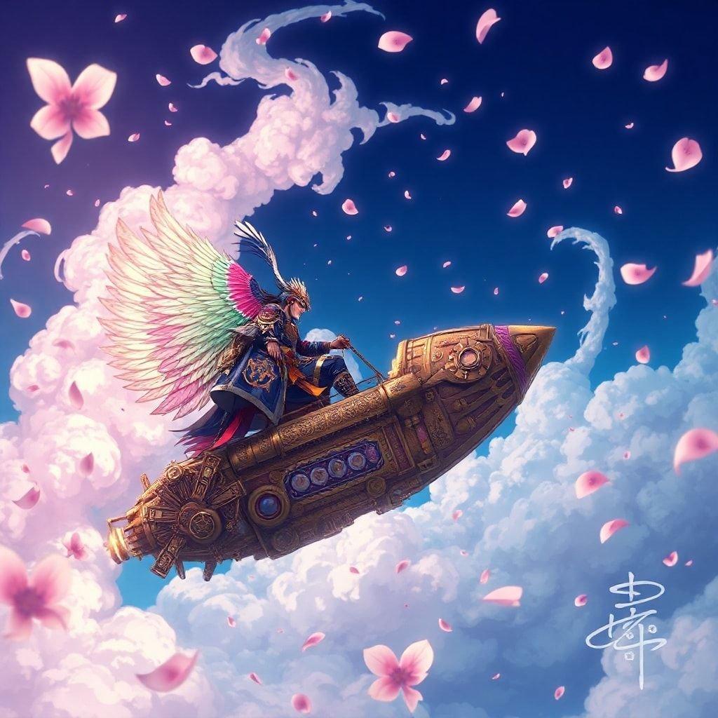 This anime-style wallpaper features a steampunk samurai piloting a large airship amidst swirling clouds of pink cherry blossom petals, set against a deep blue sky.