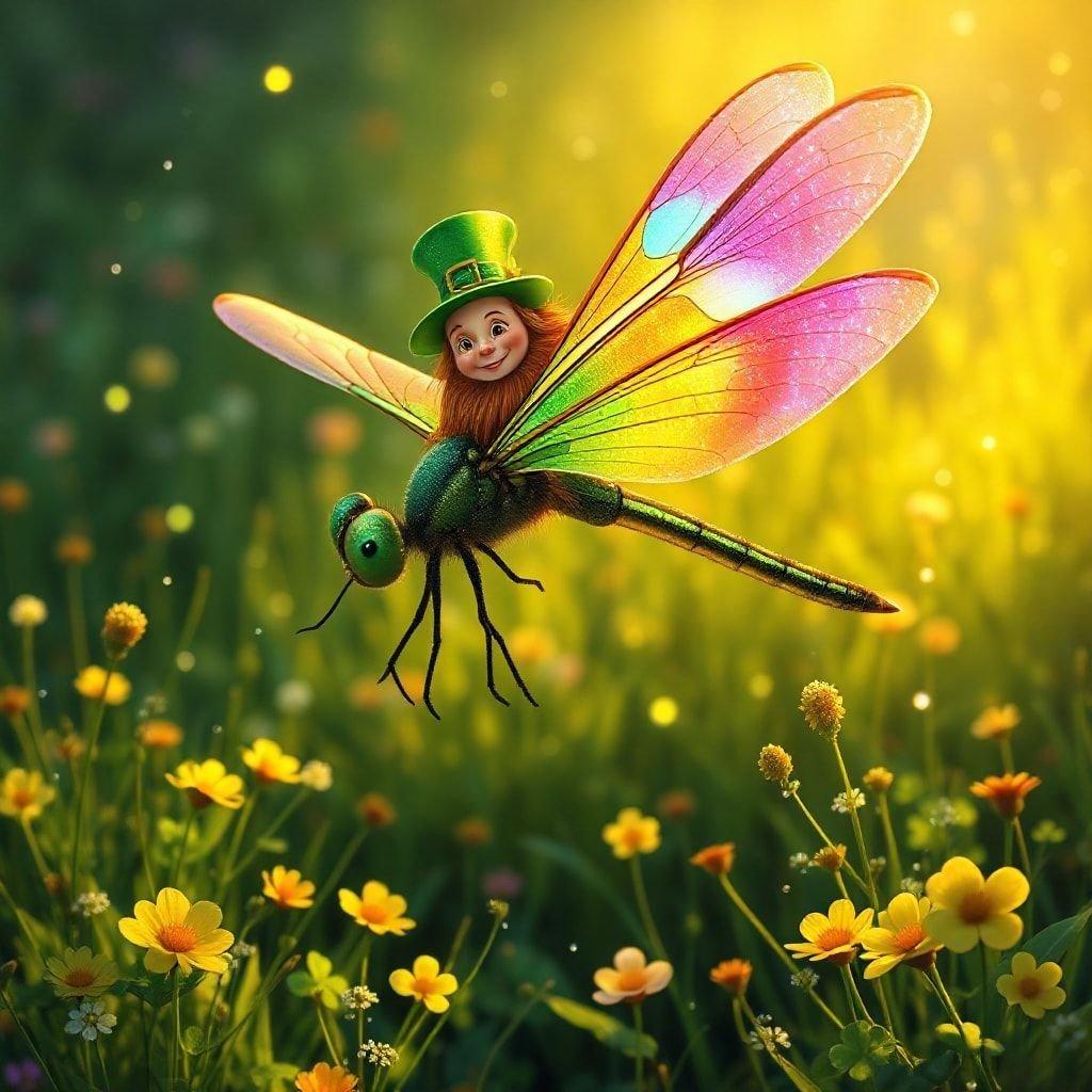 This image is a perfect representation of the magic and wonder of St. Patrick's Day. The leprechaun and dragonfly are depicted in a whimsical and fantastical way, surrounded by lush greenery and vibrant flowers. The image is sure to bring a smile to anyone's face and add a touch of Irish charm to any room.