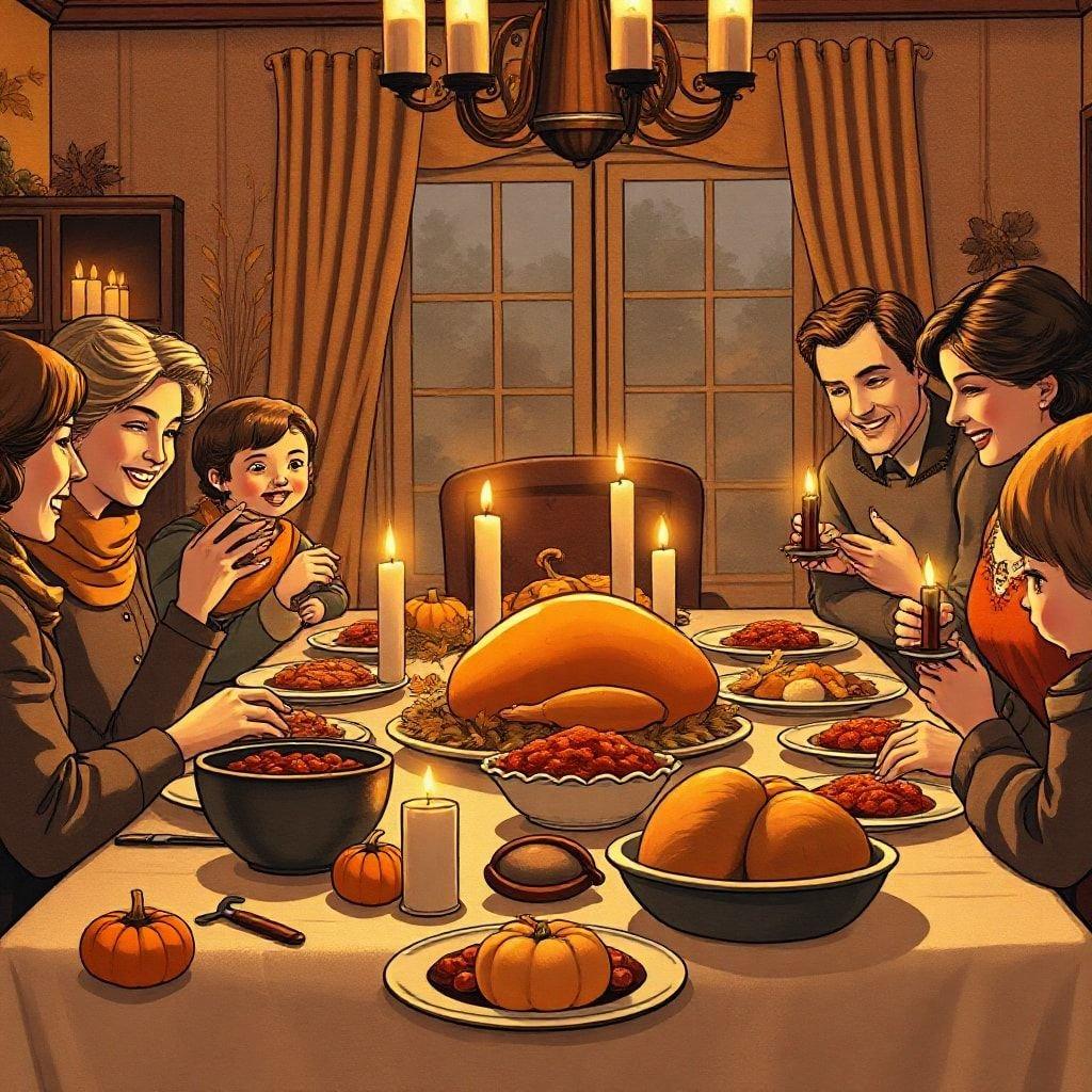 A heartwarming scene of a family coming together to celebrate Thanksgiving, surrounded by delicious food and warm smiles.