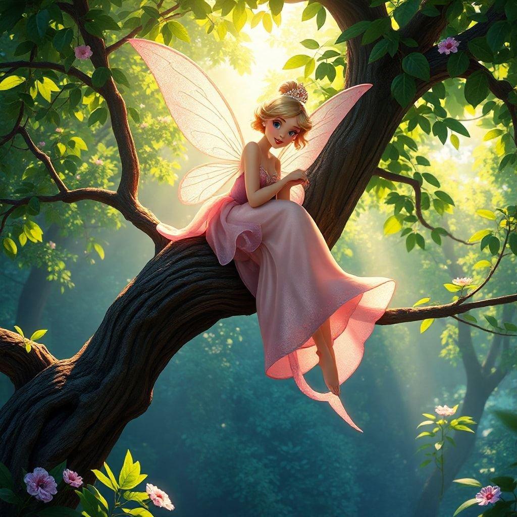 This enchanting wallpaper features a fairy perched on a tree branch, surrounded by lush green leaves and vibrant flowers. The fairy's delicate wings and gentle smile add to the whimsical charm of the scene, making it a delightful addition to any room.