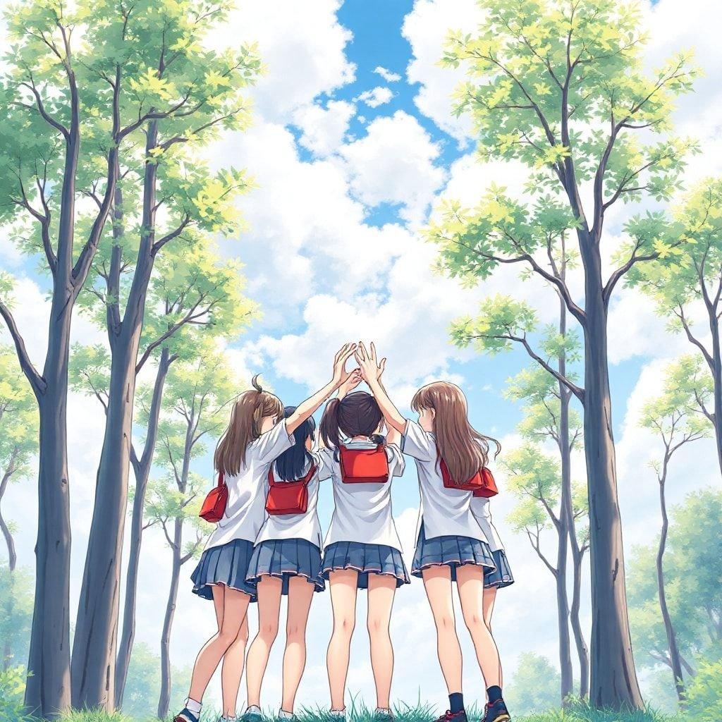 Questo sfondo anime presenta un gruppo di giovani ragazze in uniformi scolastiche che stanno in una foresta, con le mani che formano un'immagine anime. La scena è ambientata contro uno sfondo di alberi alti e sottili con foglie verdi e alcuni rami, e un cielo azzurro chiaro pieno di nuvole soffici.