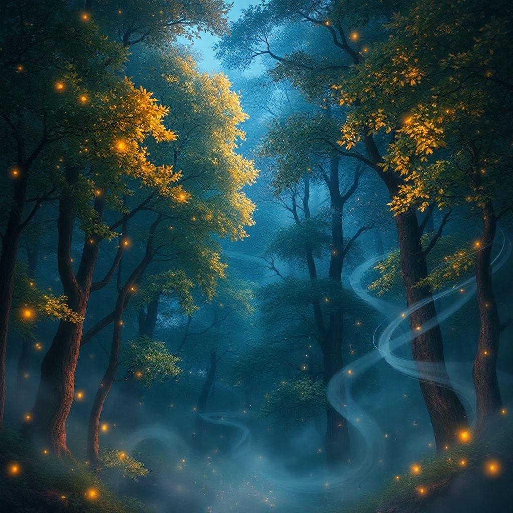 A mystical forest at night, with glowing fireflies illuminating the path through a misty landscape.