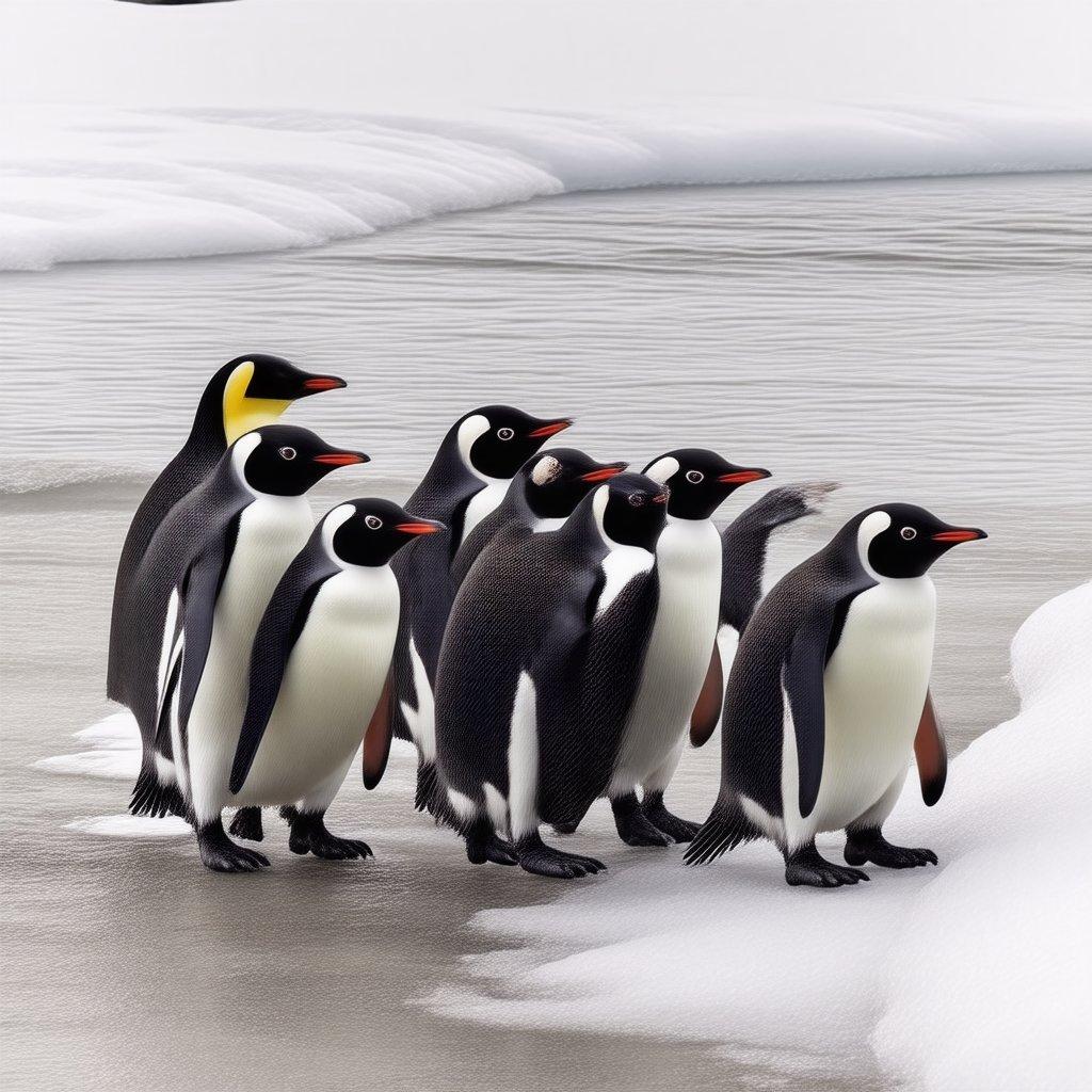 Um grupo de pinguins aproveitando seu tempo no gelo. Eles parecem estar se aconchegando, talvez por calor ou companhia.