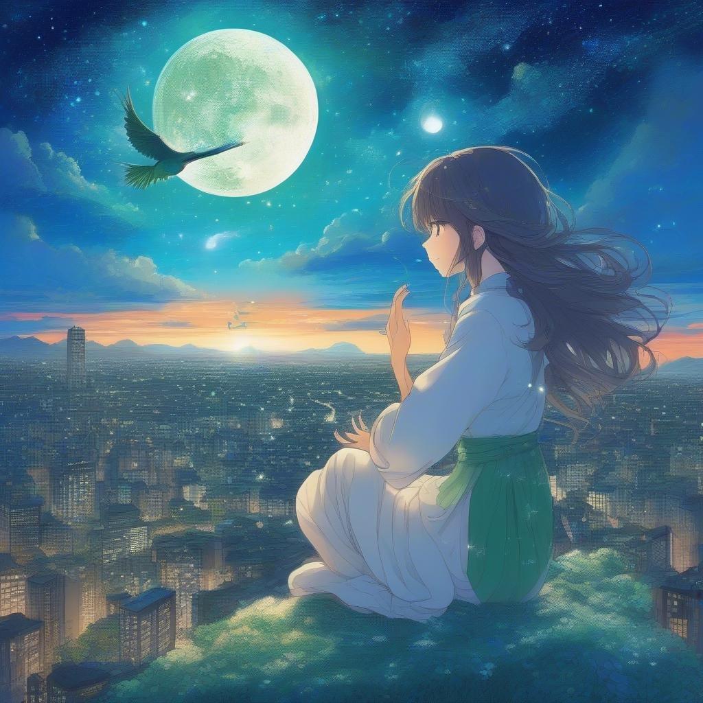 This anime-style wallpaper features a serene cityscape at night, with a large moon and a small bird flying above. The illustration is detailed and captures a moment of tranquility, making it perfect for desktop and mobile use.