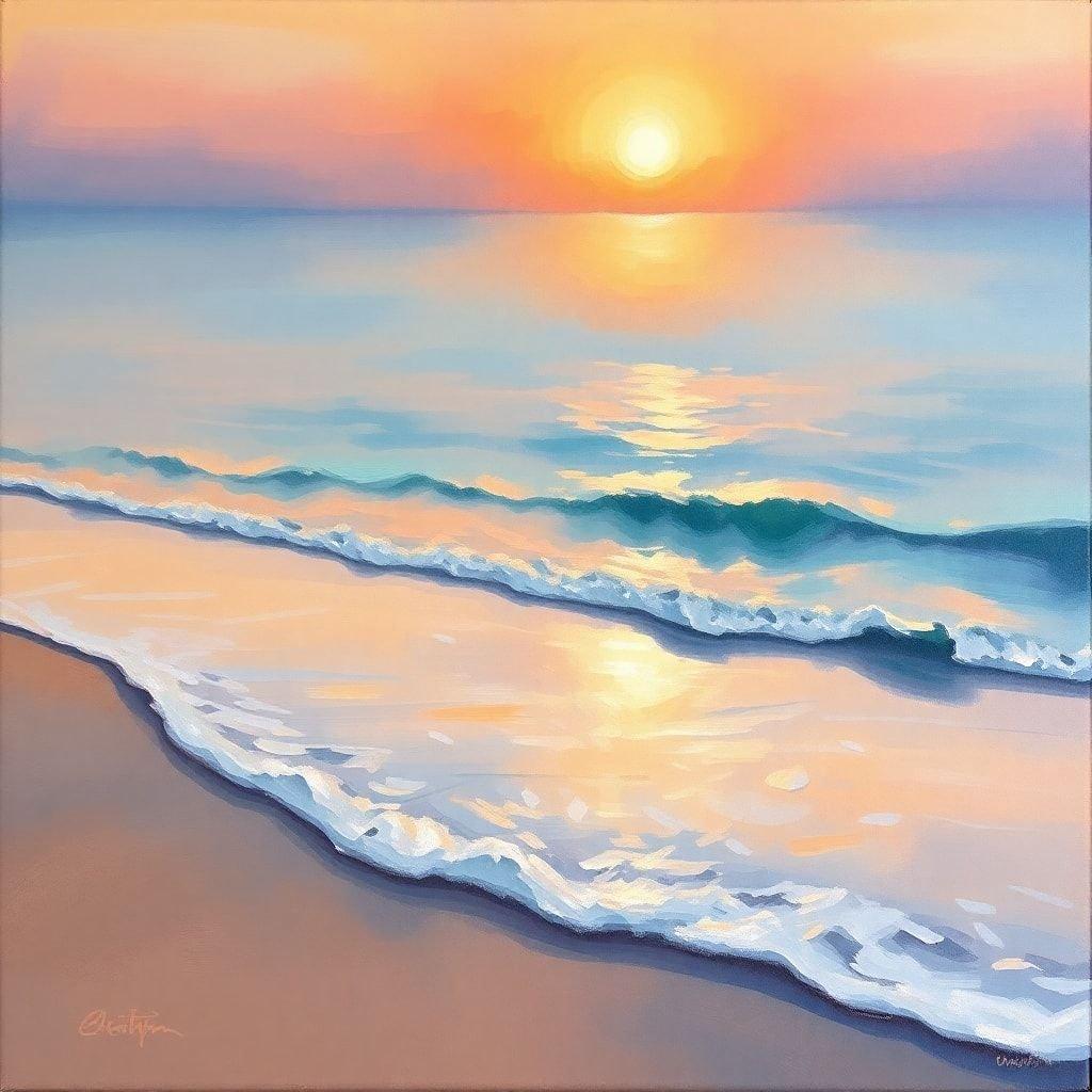 A serene ocean scene with gentle waves gently lapping the sandy shore. The sky paints a warm glow as the sun dips below the horizon, creating a peaceful atmosphere for relaxation.