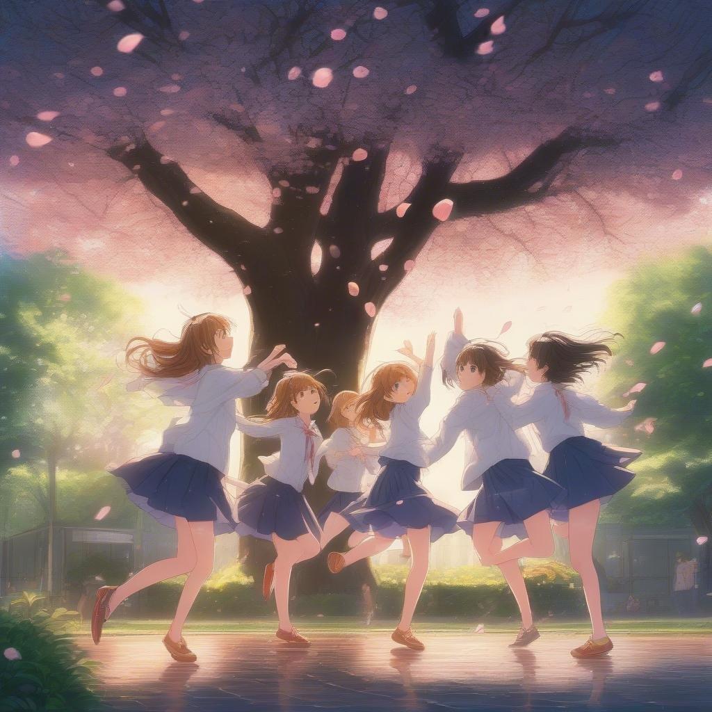 A group of schoolgirls embrace each other under the blooming sakura tree as they dance with joy in the rain. Their energy and the vibrant flurry of pink petals fill this lively scene.