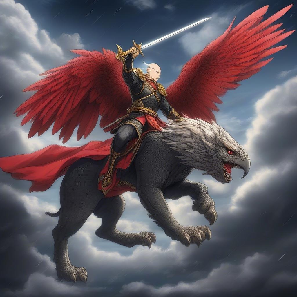 I en värld där fantasi möter verklighet, bevittna den episka scenen av en skallig krigare klädd i svart och rött som rider på en majestätisk griffon genom en stormig himmel. Den mäktiga posen av krigaren, med sitt svärd högt upplyft, personifierar andan av styrka och beslutsamhet när han mästerligt leder sin mytiska häst mot bakgrunden av mörka moln. Denna bild är ett bevis på de spännande äventyr som kan hittas i anime-riket.