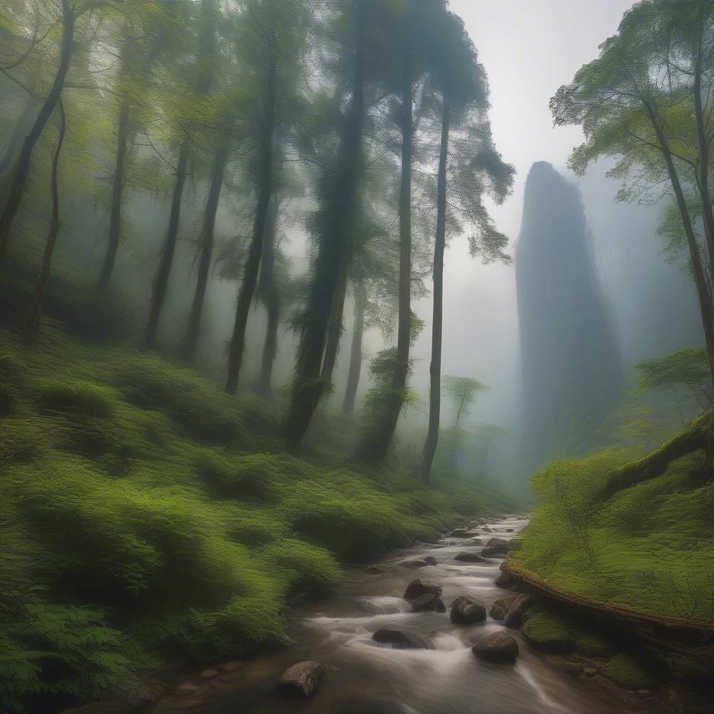 A peaceful and natural scene of a small stream flowing through a forest, surrounded by lush greenery and tall trees.