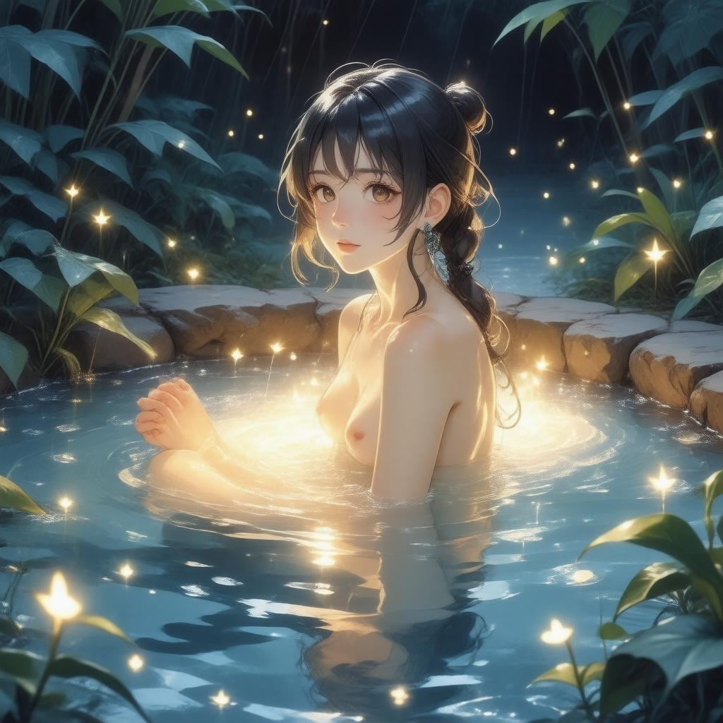 Sumérgete en la belleza tranquila de esta escena de onsen inspirada en el anime, donde la exuberante vegetación y las luciérnagas centelleantes crean una atmósfera serena.