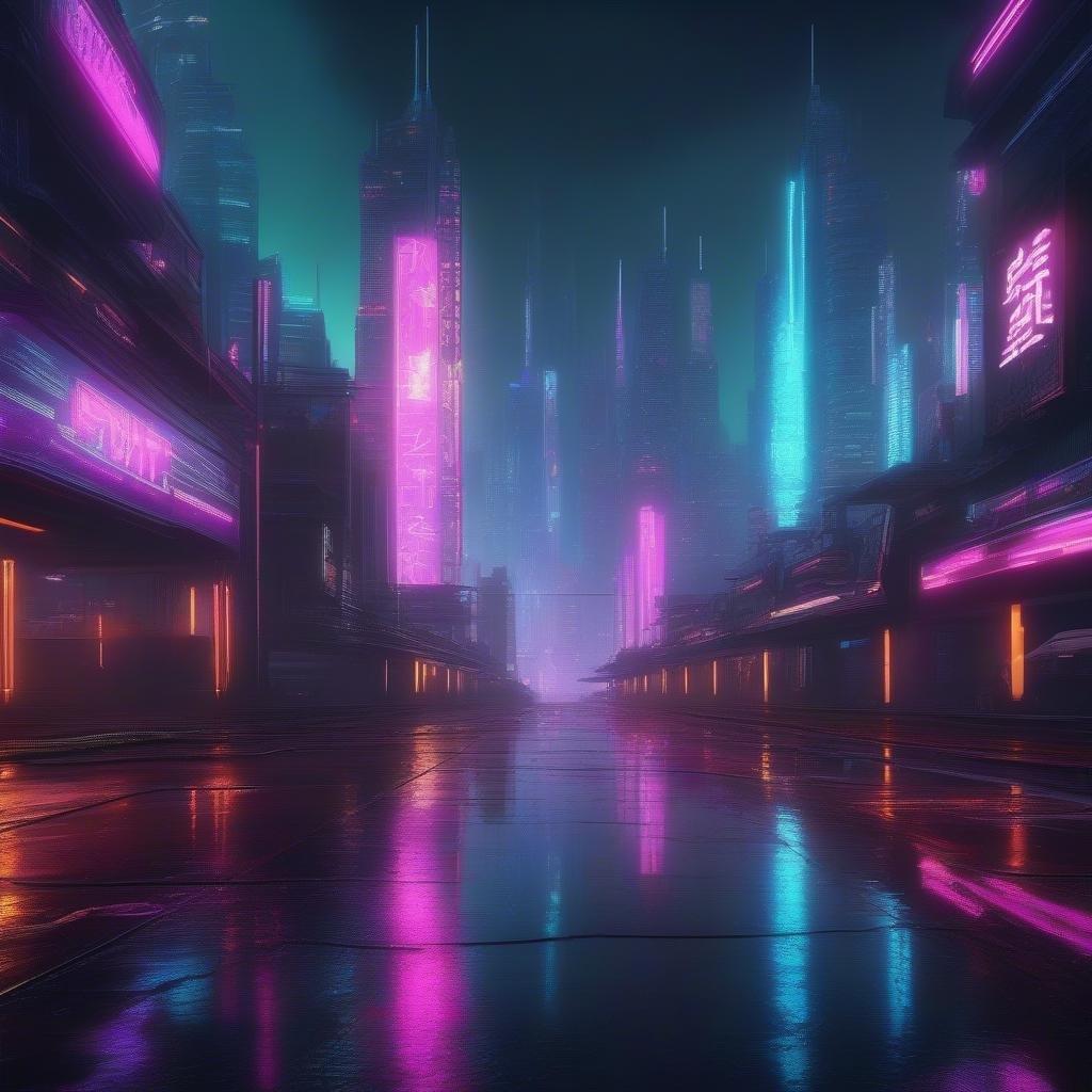 Explorez les rues vibrantes d'une ville cyberpunk, où les lumières néon et les publicités numériques illuminent l'asphalte trempé de pluie. Ce cadre onirique capture l'essence de la fantasy high-tech.