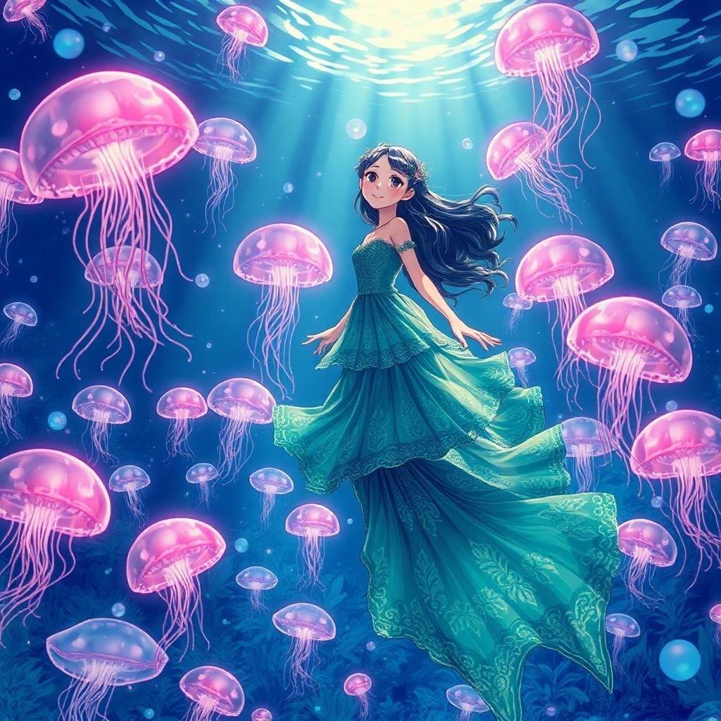 Immerse yourself in the enchanting world of anime with this captivating wallpaper featuring a mermaid swimming through an underwater garden of jellyfish. The vibrant green and blue dress adds a pop of color to the mysterious atmosphere, making it a perfect fit for any anime fan's desktop or mobile device.