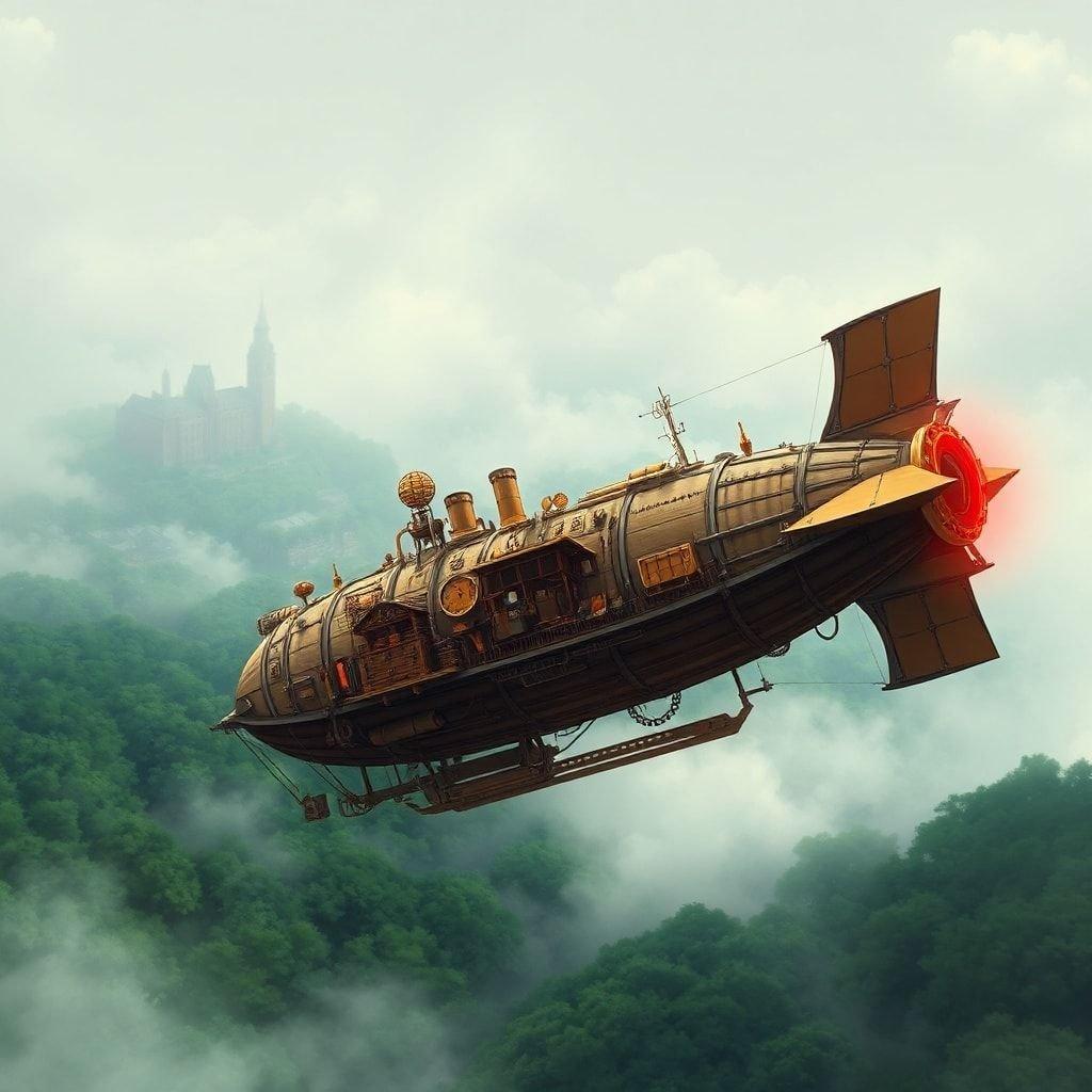 Un dirigeable inspiré du steampunk prend son envol à travers les nuages. Le dirigeable, orné d'accents rouges brillants et de motifs complexes, s'élève au-dessus d'une forêt verdoyante et d'une métropole brumeuse, créant une atmosphère de fantaisie et d'exploration.