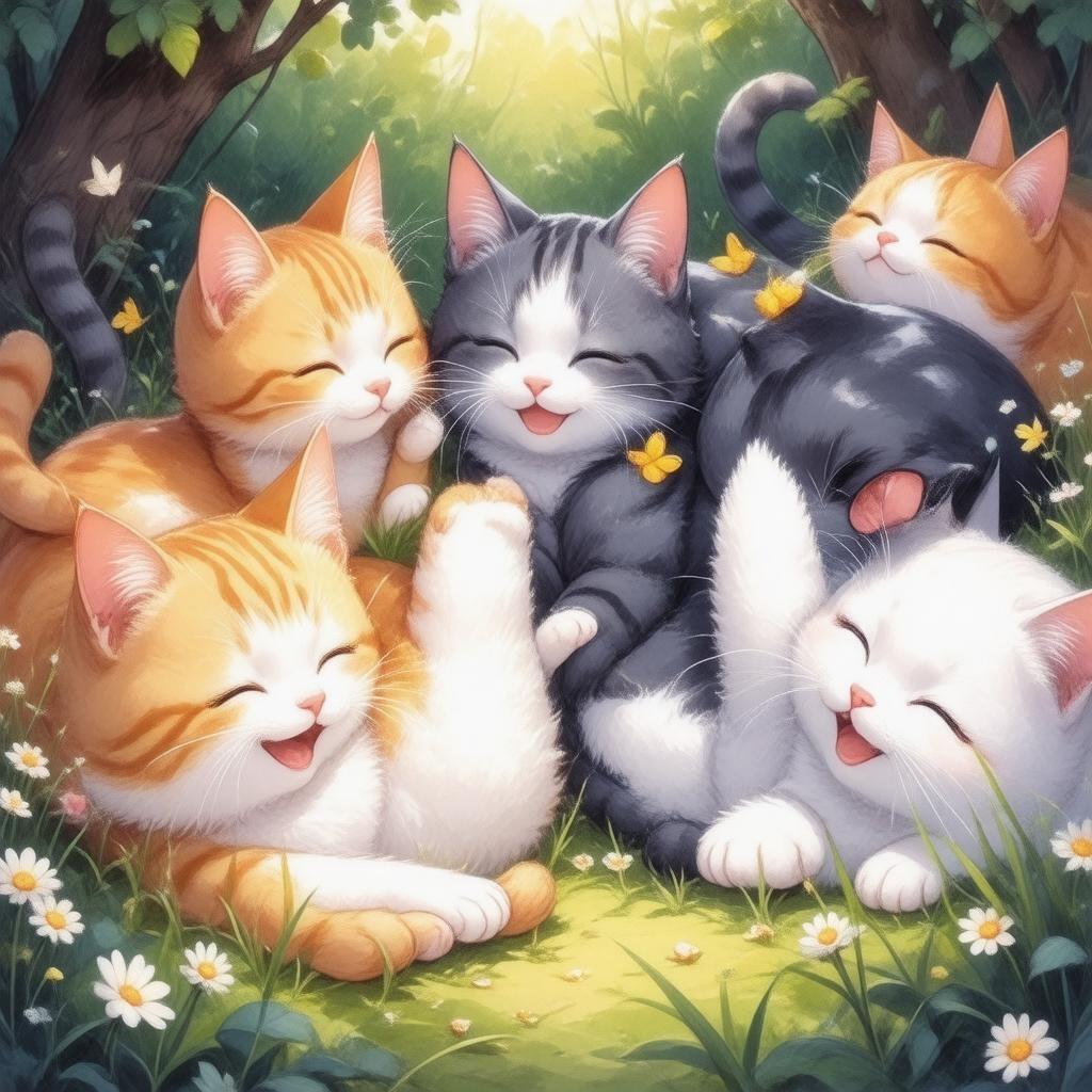 In the heart of a verdant meadow, six catgirls are seen basking in the sunshine. Their eyes are closed and their faces lit up with contentment as they savor every moment of this idyllic scene. The lush green and yellow grass surrounds them, providing a soft cushion for their relaxed bodies. In the background, nature continues its symphony with the gentle rustling of leaves and the quiet buzzing of insects. This image is an anime-style illustration that captures the essence of camaraderie and joy among these feline companions in a picturesque setting.