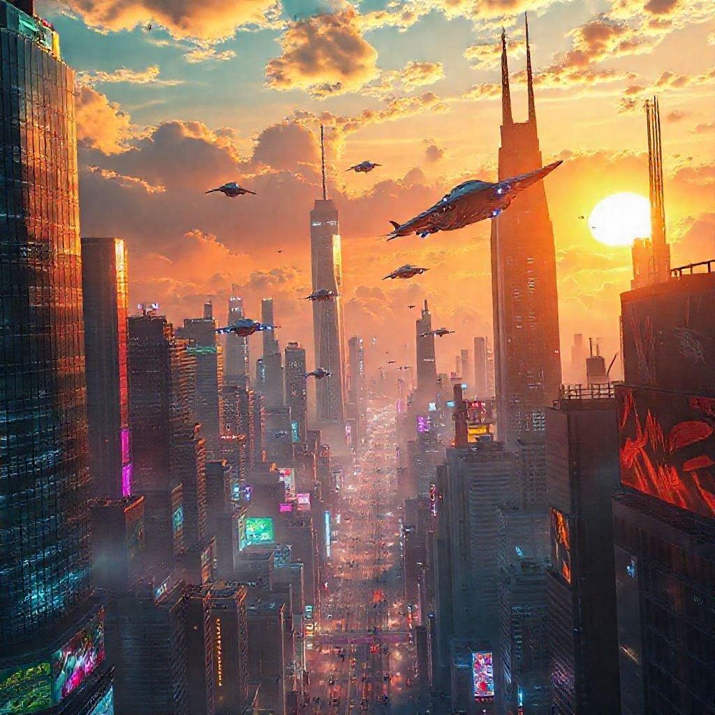 A bustling city skyline as the sun sets, with futuristic skyscrapers and neon lights reflecting off a cloudy backdrop. The scene is animated by flying drones adding to the vibrant urban atmosphere.