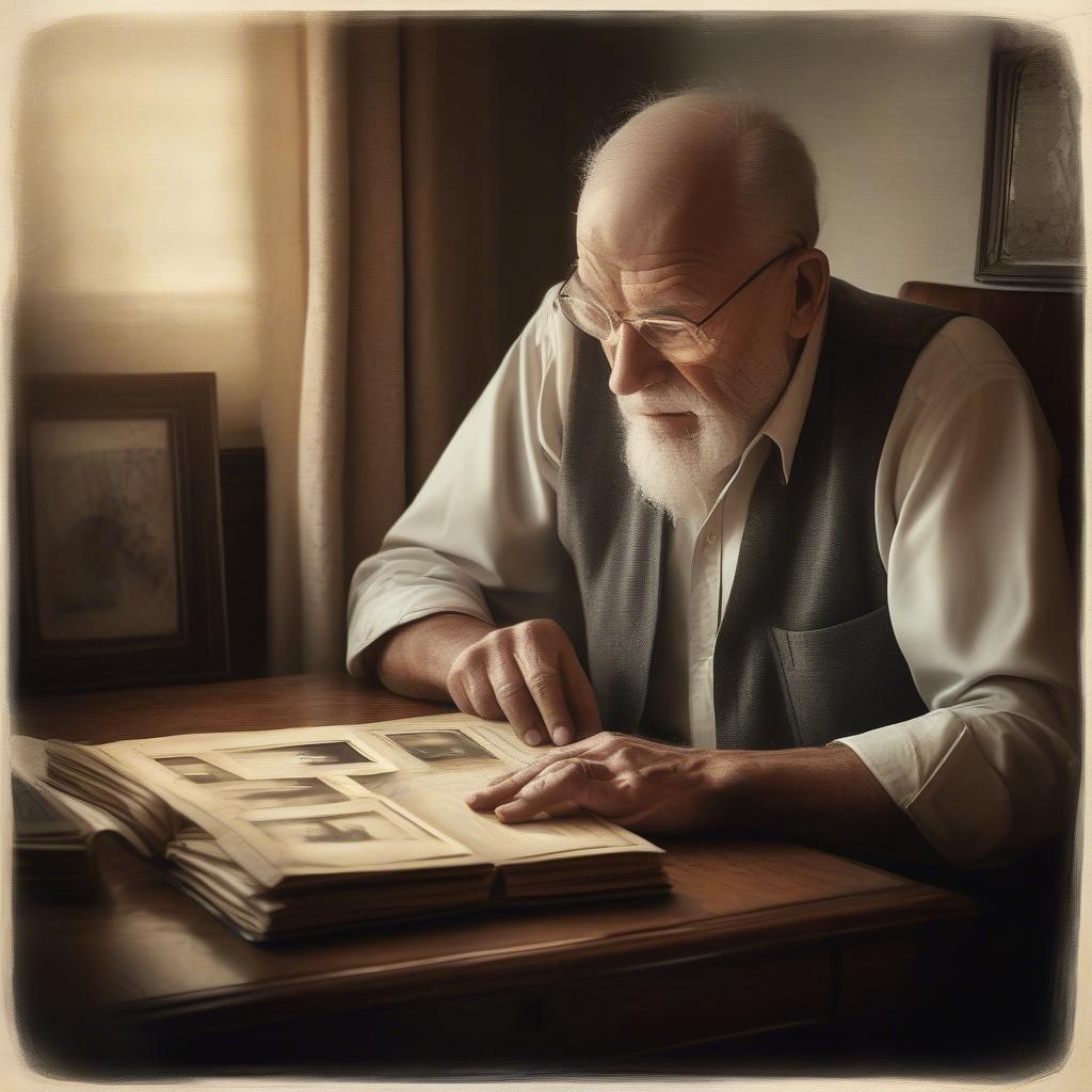 A heartwarming scene with an older gentleman looking through a collection of family photos, evoking the love and warmth shared over the years.