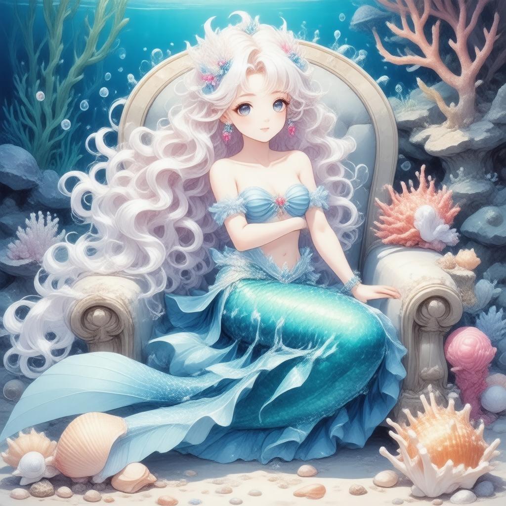 Dive into the enchanting world of anime with this captivating mermaid princess wallpaper. Her hair flows like white and pink coral, and she sits regally on a throne crafted from shells and coral. The underwater scene is a breathtaking blend of blue and green hues, creating a magical atmosphere that will transport you to an underwater realm.