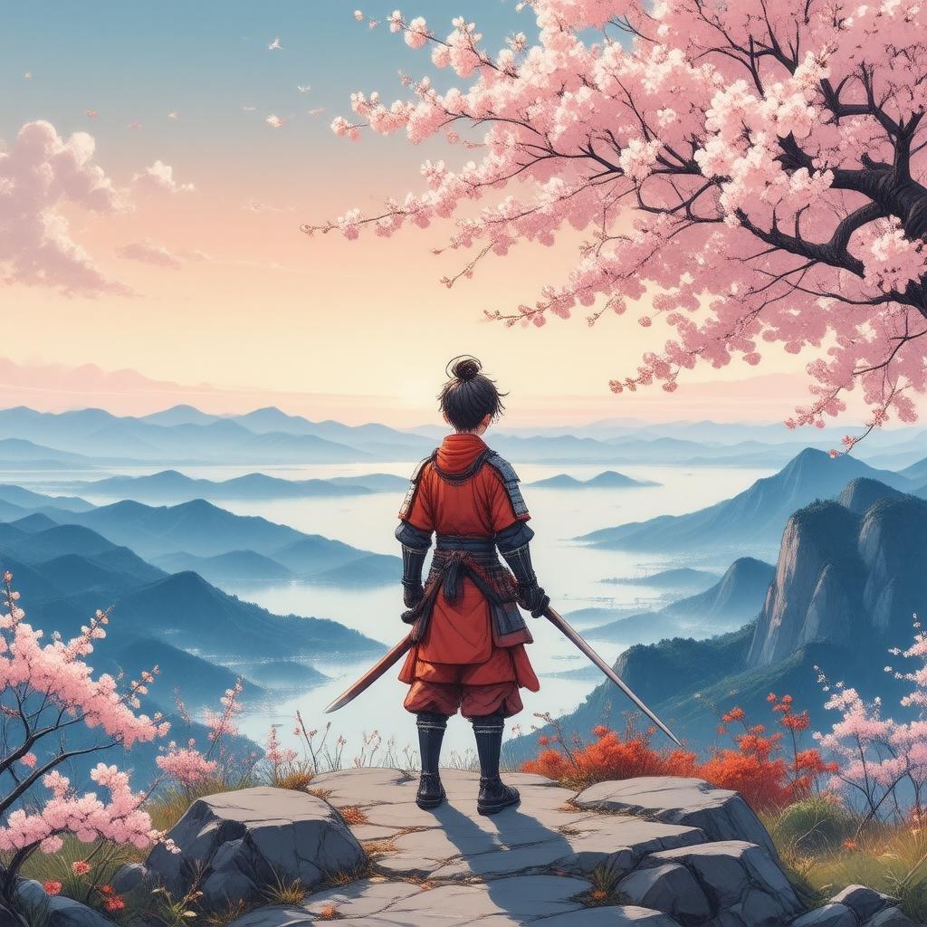 Eine serenen und fesselnde Anime-Illustration eines jungen Samurai, der auf einem Berggipfel steht, umgeben von einem atemberaubenden Meer aus Kirschblüten, vor dem Hintergrund eines ruhigen Dämmerungs.