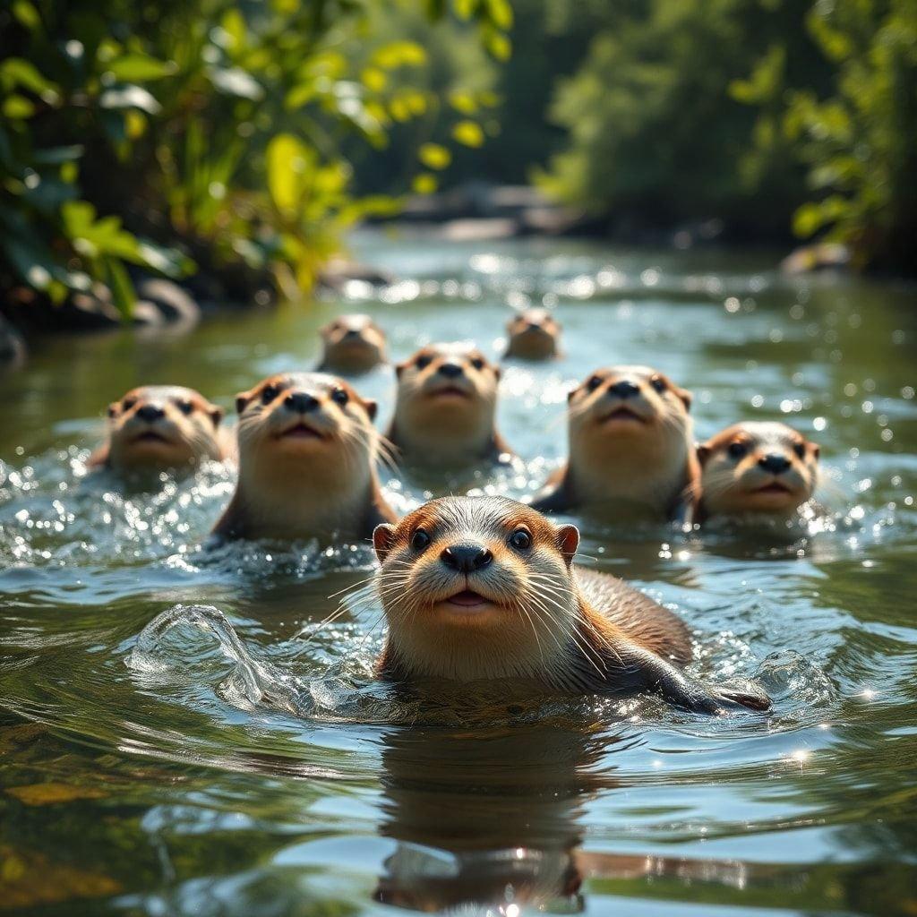 This beautiful wallpaper features a group of otters swimming in the water, surrounded by lush greenery. The otters are the main focus of the image, with their playful and curious expressions adding to the charm of the scene. The water is calm and peaceful, reflecting the beauty of the surrounding environment.