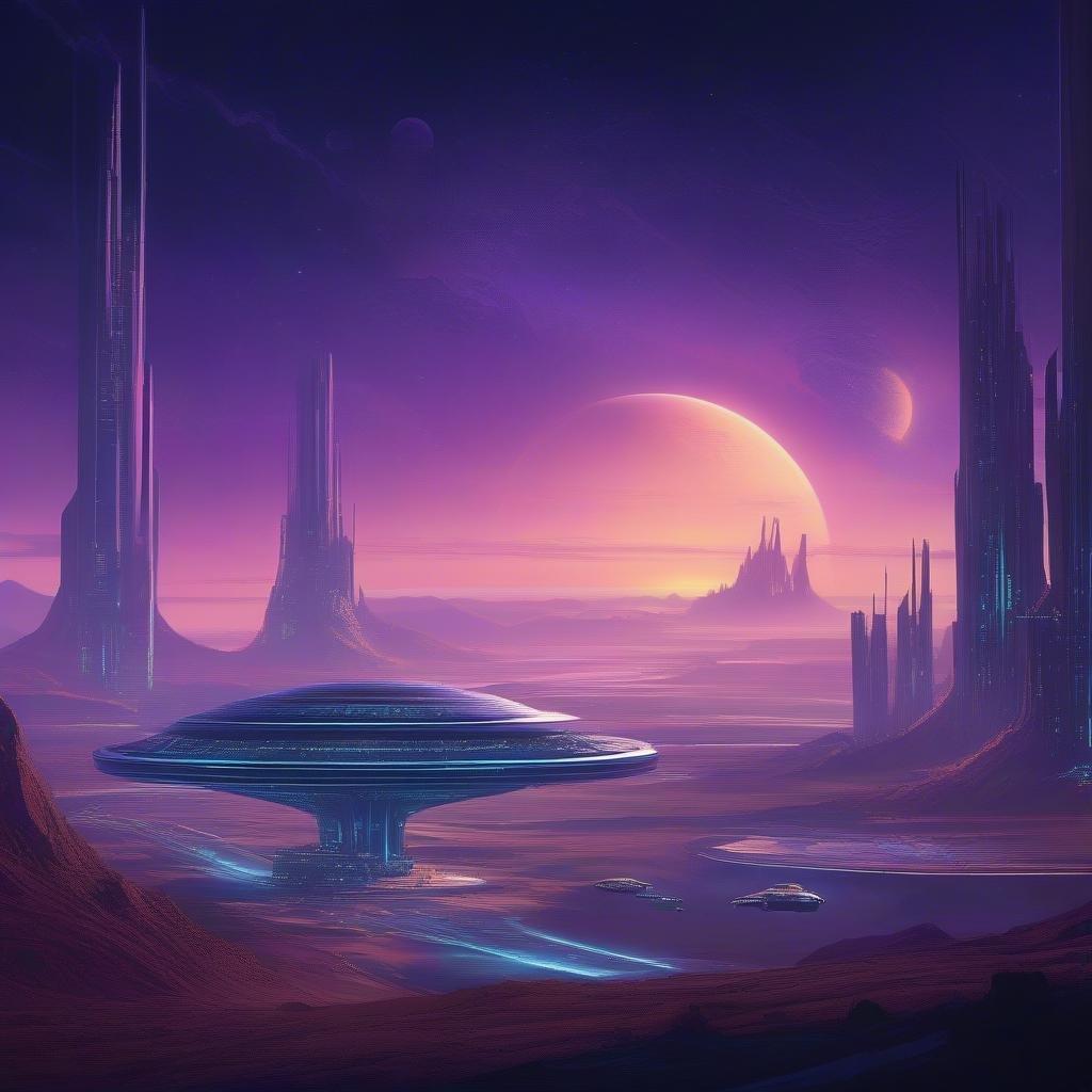 Exploring the futuristic landscapes of a distant planet, with a fusion of modern architecture and extraterrestrial phenomena.