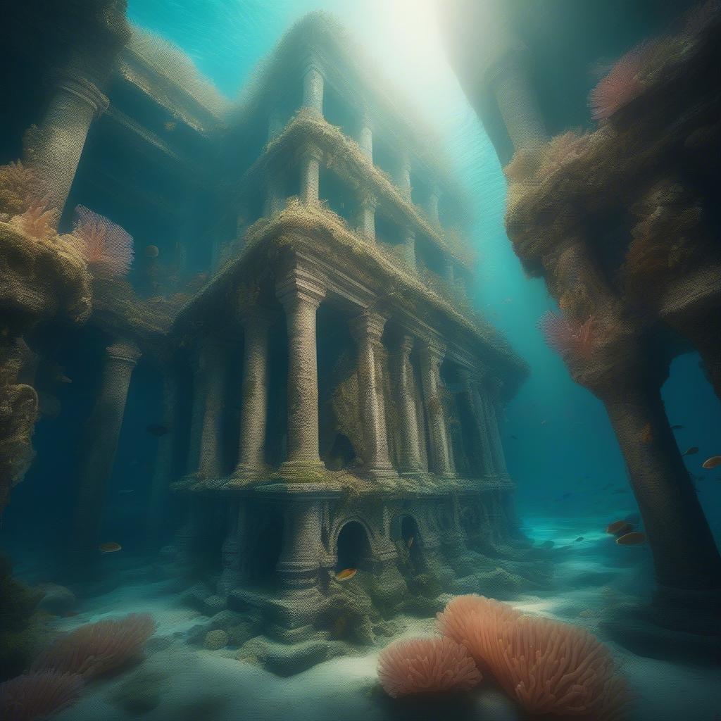 This image is a stunning wallpaper featuring an underwater city with ancient ruins. The city is depicted in shades of gray and brown, with intricate details and textures that give it a sense of age and history. The ruins are surrounded by coral and other marine life, adding a touch of vibrancy and color to the otherwise muted tones of the city. The overall effect is one of mystery and intrigue, inviting the viewer to explore the secrets of this submerged metropolis. The image is perfect for anyone who loves history, architecture, or the ocean, and would make a great addition to any room or device.