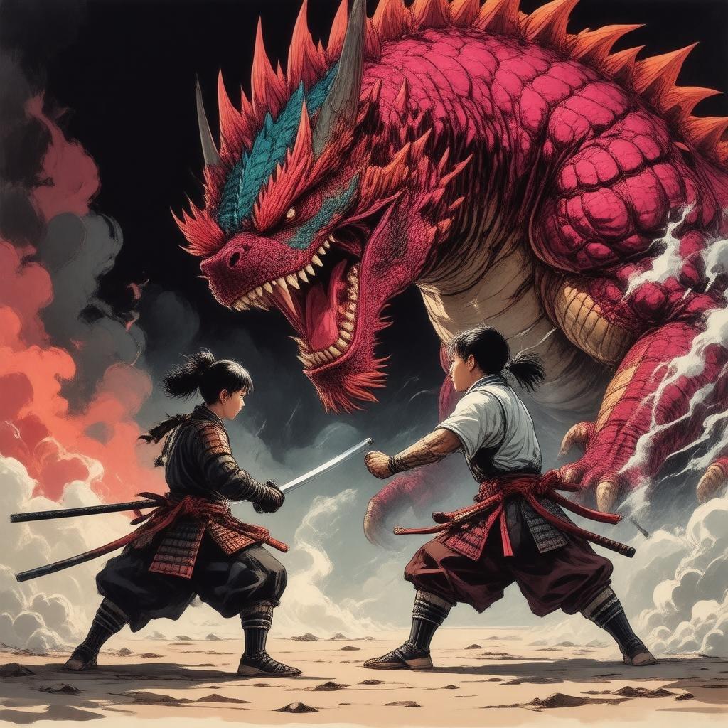 Diese epische Anime-Illustration zeigt einen jungen Samurai, der in einer dynamischen Szene gegen ein riesiges Kaiju kämpft. Die lebhaften rosa und orangefarbenen Schuppen des Kaiju heben sich vor dem dunklen Hintergrund ab, während die Entschlossenheit des Samurai und der wilde Ausdruck des Kaiju ein Gefühl von Vorfreude und Einheit erzeugen.