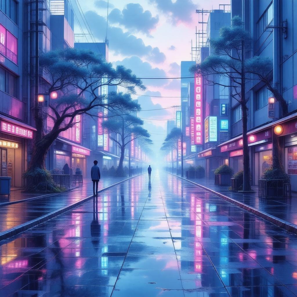 Erleben Sie die lebendige Energie der Straßen Tokios in diesem atemberaubenden, anime-inspirierten Hintergrundbild. Die futuristische Stadtlandschaft erwacht bei Sonnenuntergang zum Leben, mit Neonlichtern, die sich auf dem nassen Gehweg spiegeln und einer kleinen Figur, die auf einer erhöhten Plattform steht. Ein großer Baum bringt einen Hauch von Natur in die geschäftige Szene.