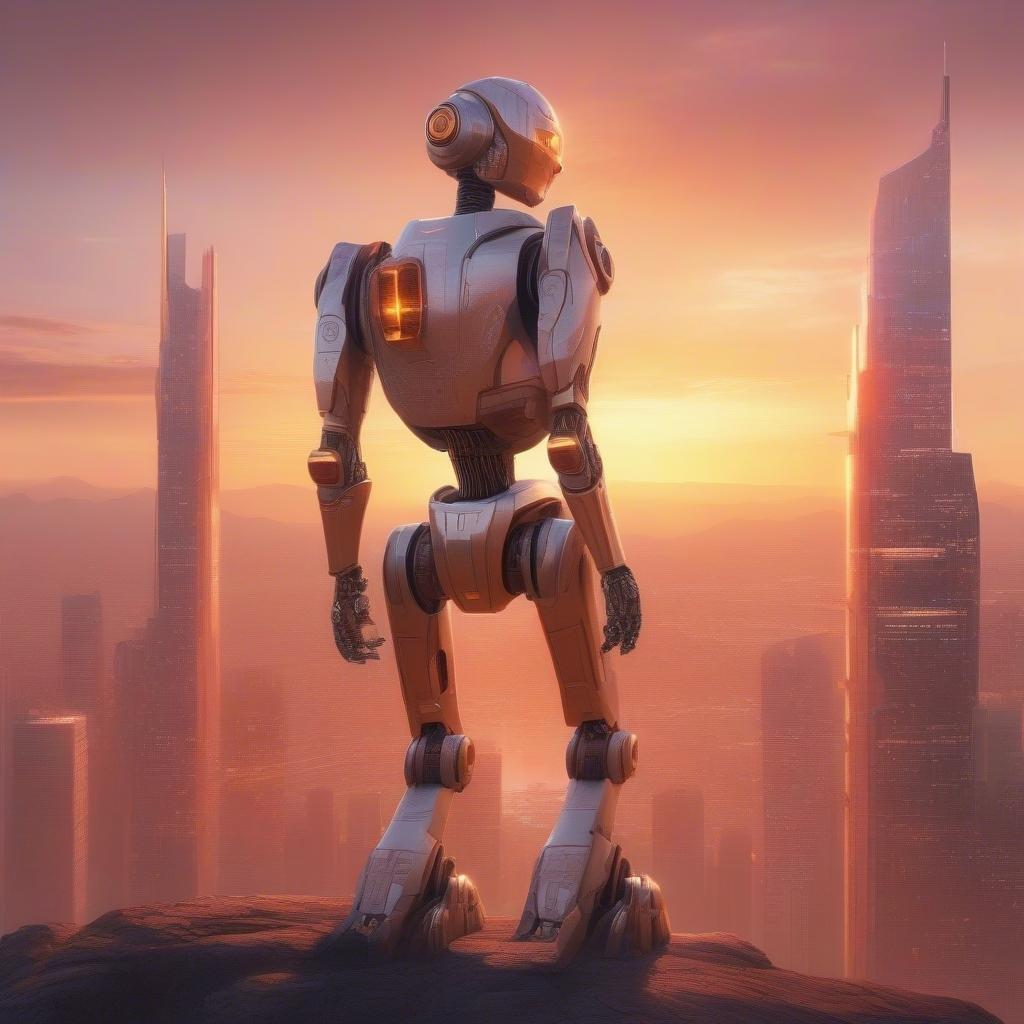 This image features a robot standing in front of a city skyline, showcasing the intersection of technology and urban life.