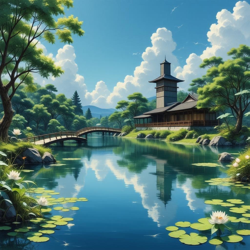 Immerse yourself in the tranquil world of anime with this serene wallpaper, featuring a picturesque pond, a tea ceremony, and a majestic building amidst lush greenery.