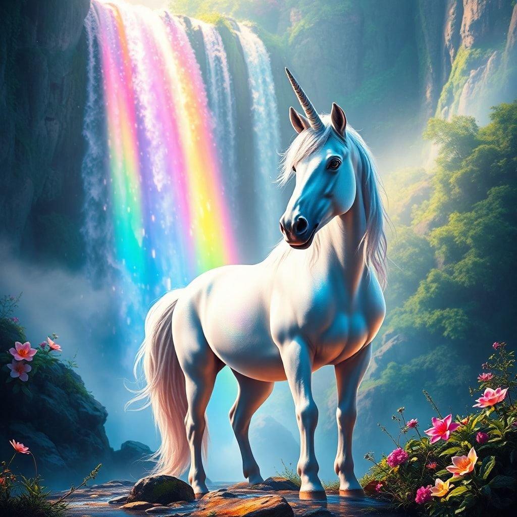 A serene unicorn stands atop a rainbow, overlooking a magical forest waterfall, a fairytale scene to brighten up your digital space.