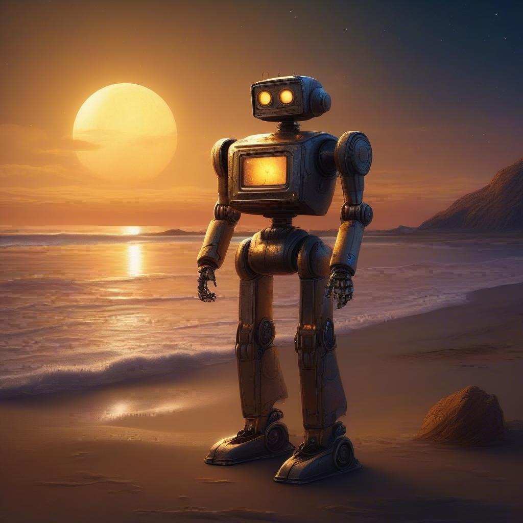 The lone journey of a robot on a beach during the golden hour. The endless sky meets the ocean horizon, with the moon hanging low in the twilight.