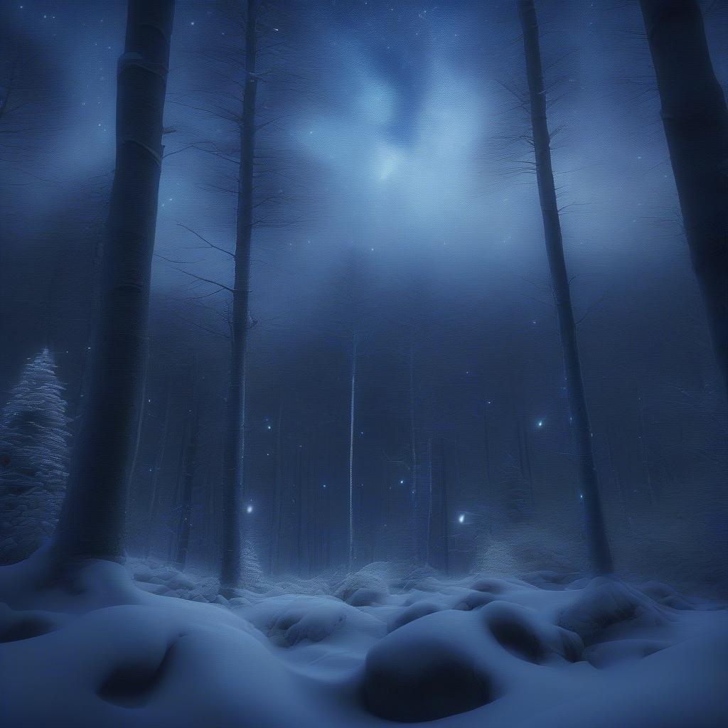 A serene winter forest scene with snow-covered trees and a starry night sky. Perfect for desktop and mobile use.