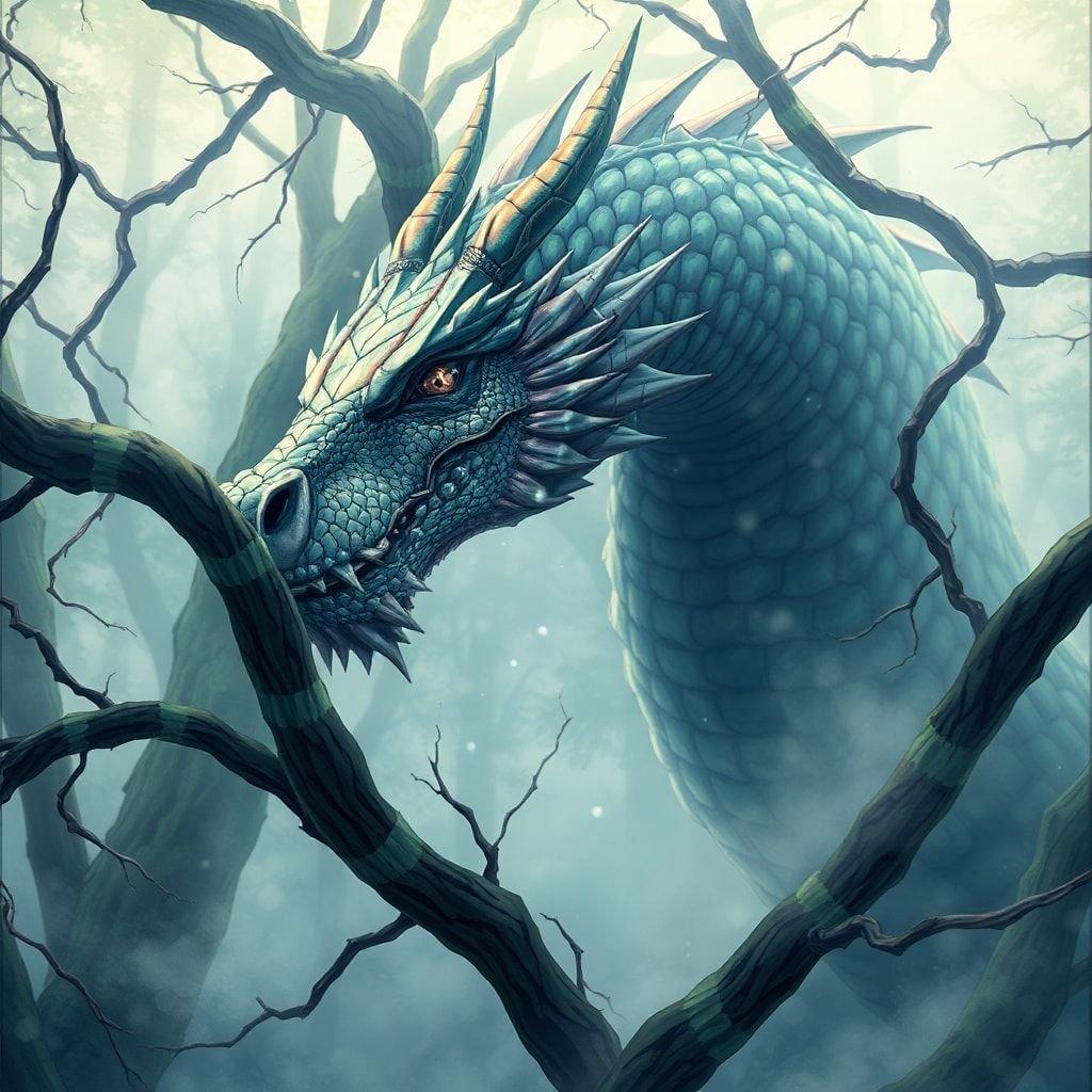 This anime-style illustration features a majestic dragon with iridescent scales, emerging from a misty forest's branches. The dragon's intense gaze is directed left, captivating the viewer's attention. The background is blurred, creating a serene and mysterious atmosphere.