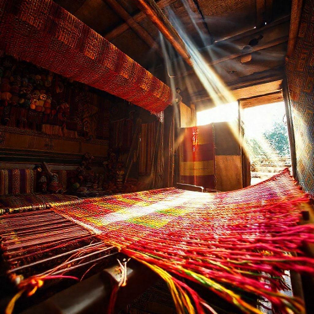 A cozy workshop filled with vibrant woven textiles, showcasing the beauty of traditional weaving techniques.